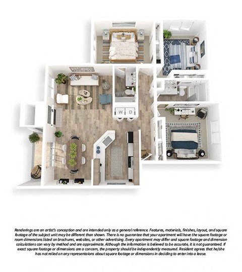 Floor plan for 3 beds, 2 baths, 1096 sqft